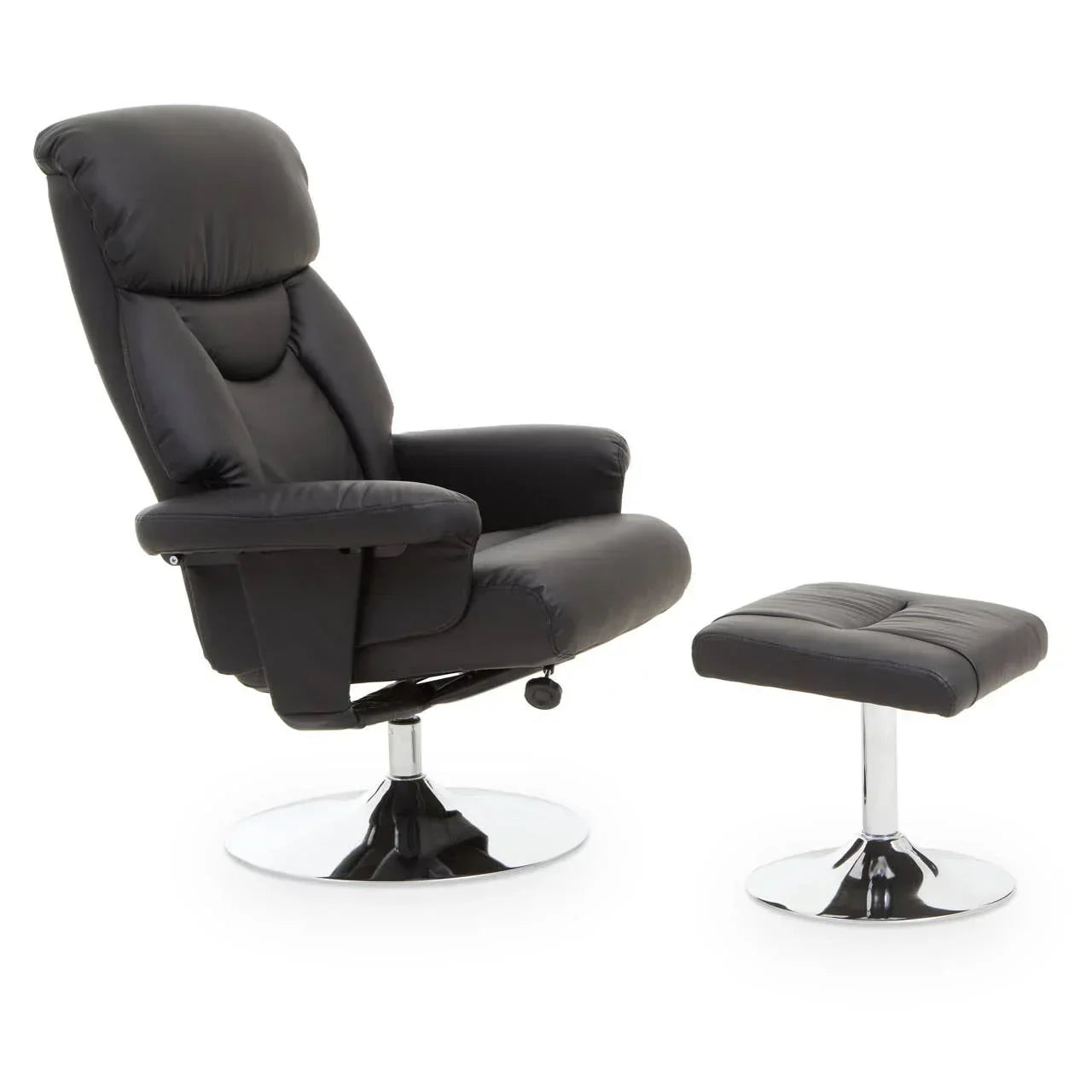 Black leather recliner armchair with matching ottoman and chrome bases