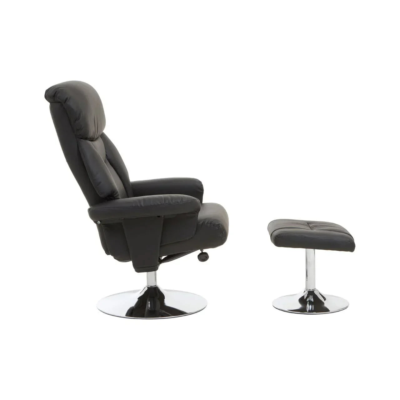 Black leather recliner chair with matching footstool on chrome bases, side profile view