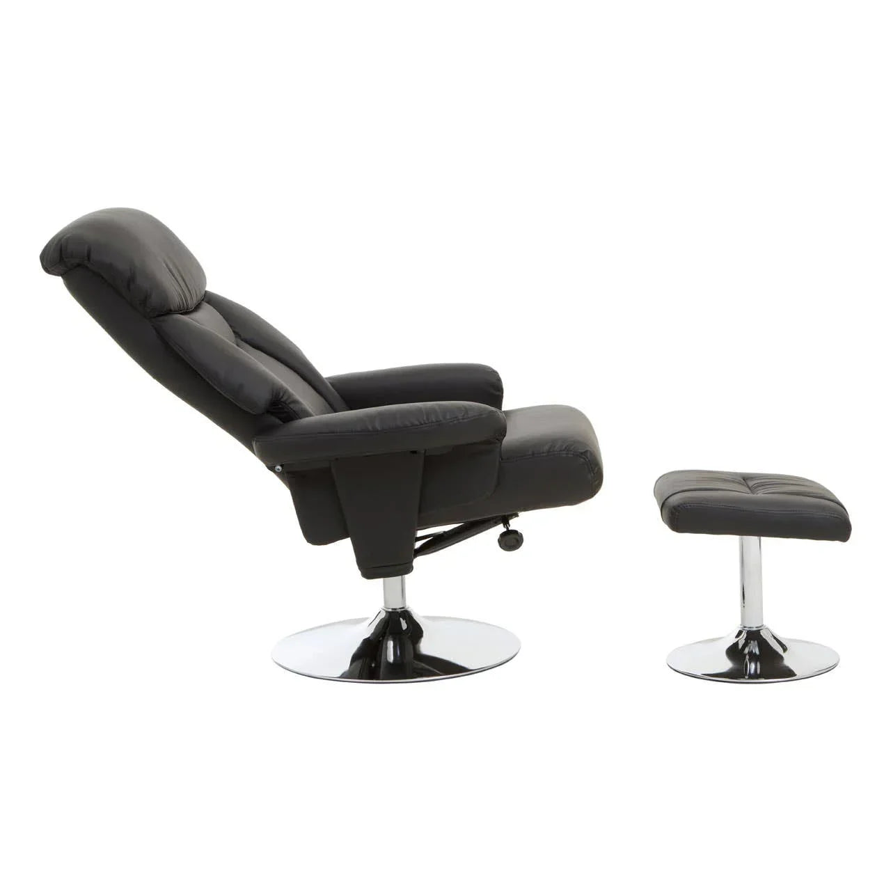 Black leather recliner chair with matching footstool and chrome base, side view