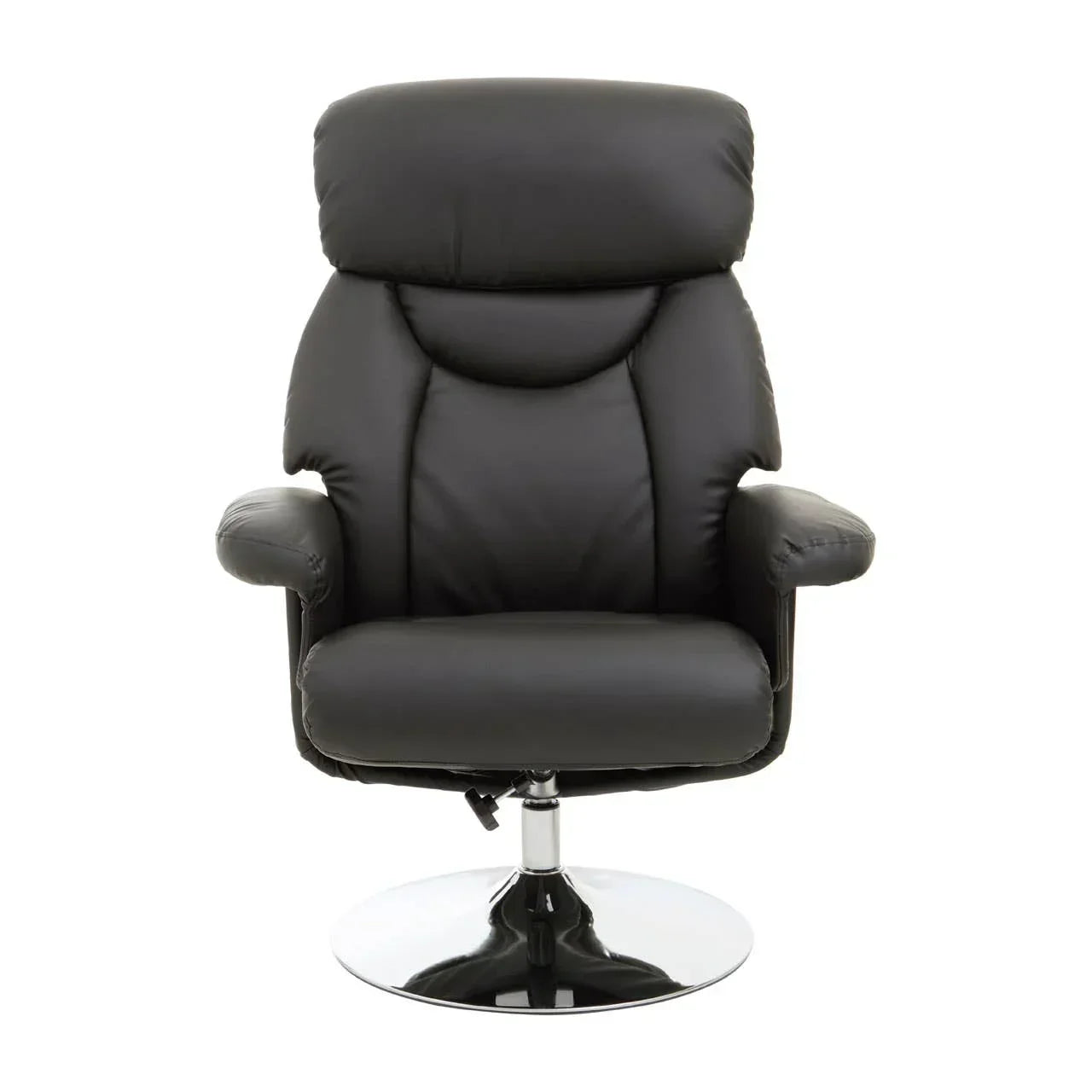 Black leather recliner chair with padded armrests and chrome swivel base front view
