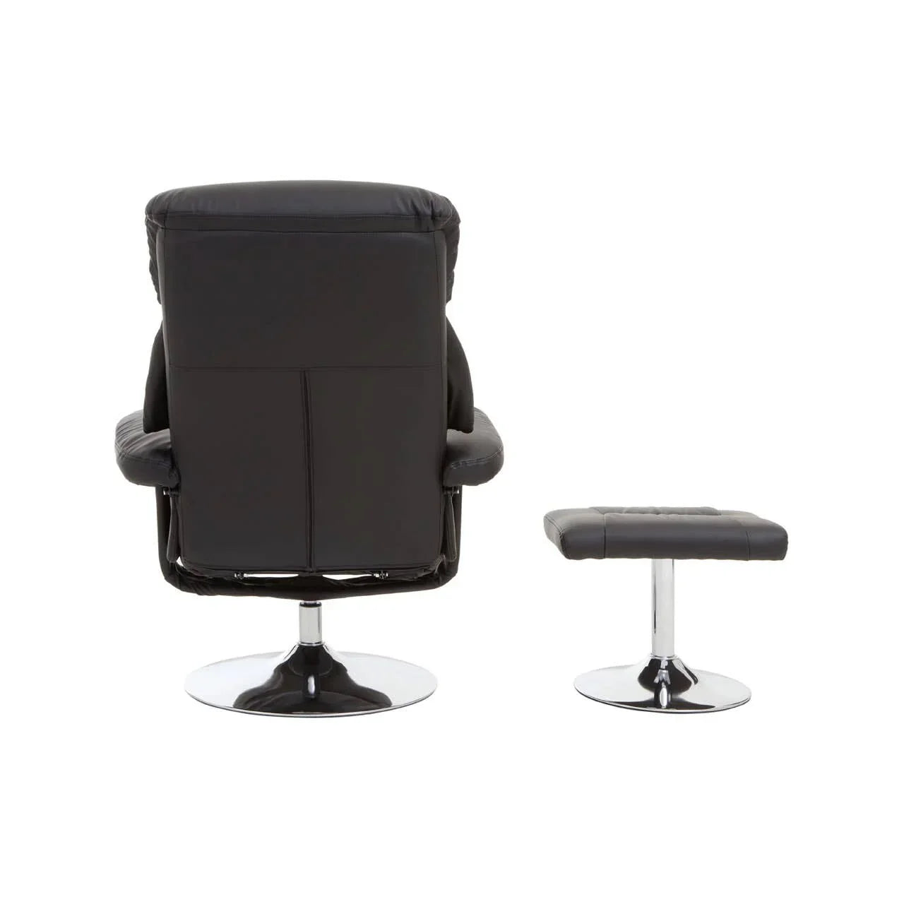 Back view of black leather recliner chair with chrome base and matching footstool
