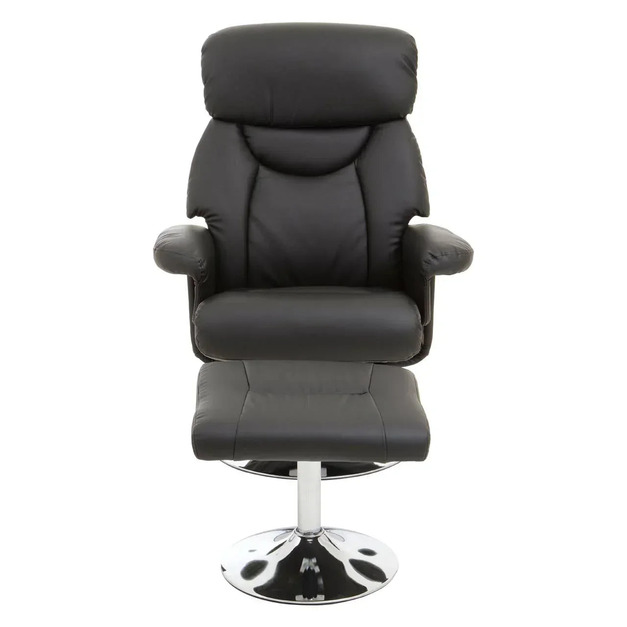 Black leather recliner chair with matching footstool and chrome swivel base, front view