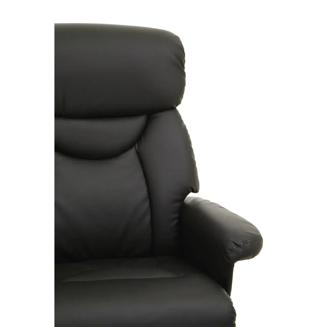 Black leather recliner chair close-up showing padded armrest and headrest