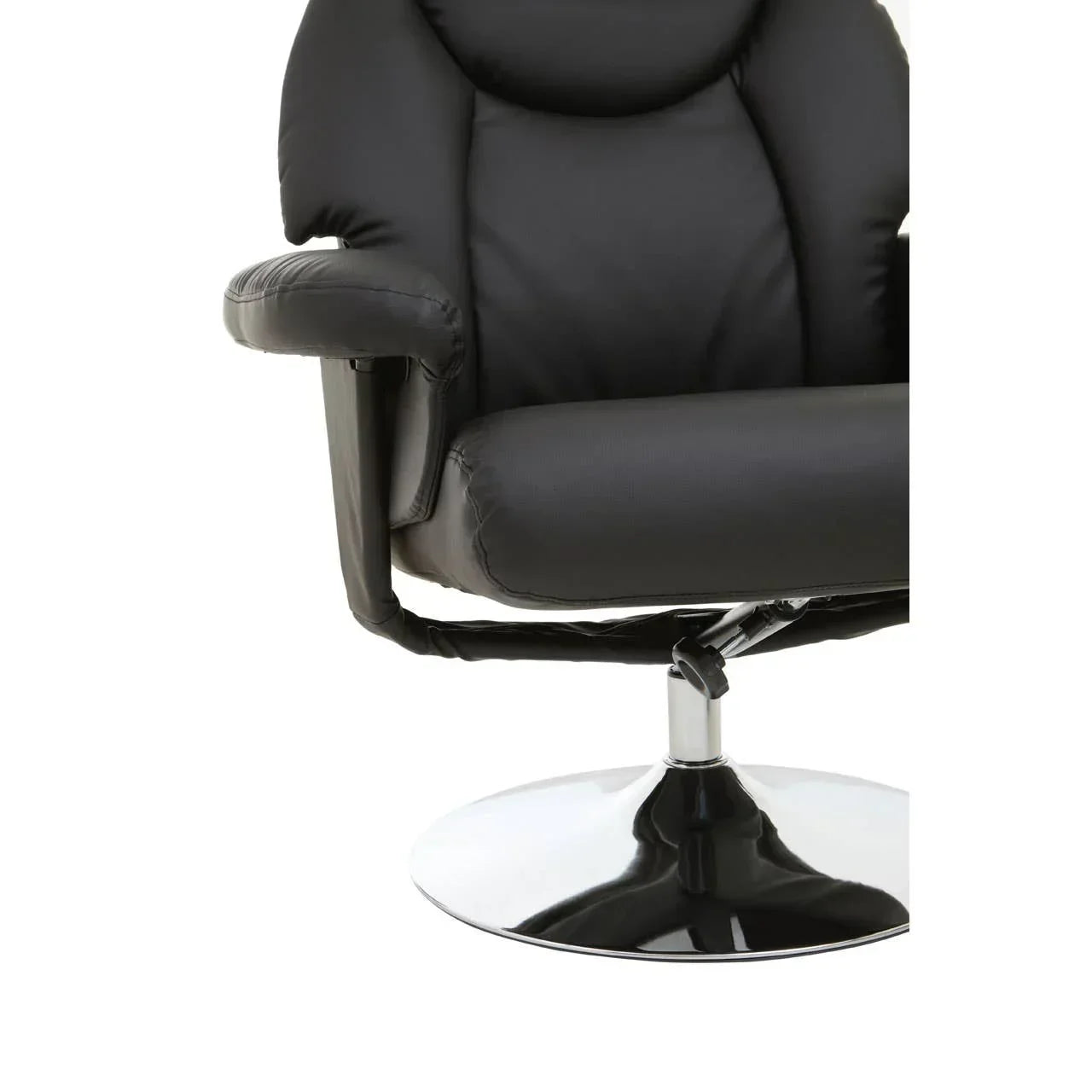 Black leather swivel chair with chrome round base, padded seat and curved armrest close-up
