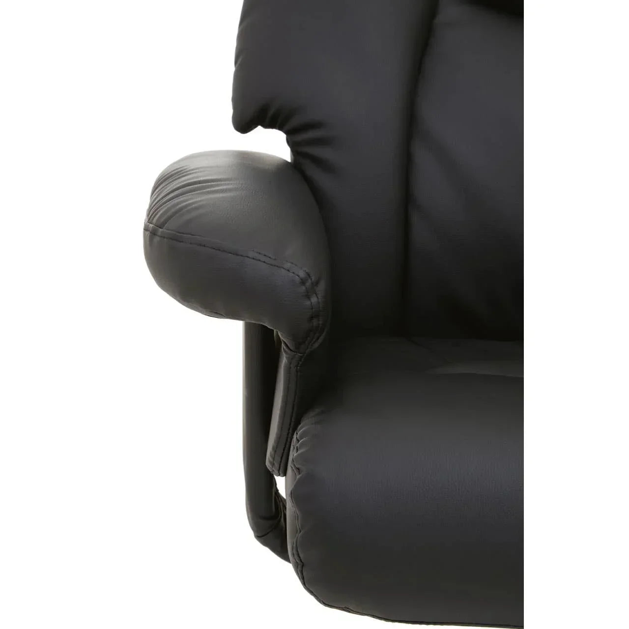 Close-up of black leather recliner arm and cushioned seat