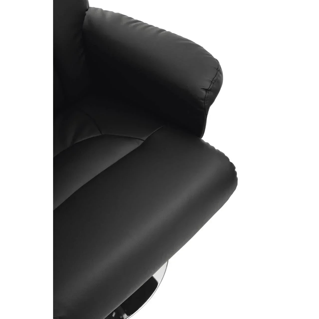 Closeup of black leather recliner chair armrest and seat cushion with metal swivel base