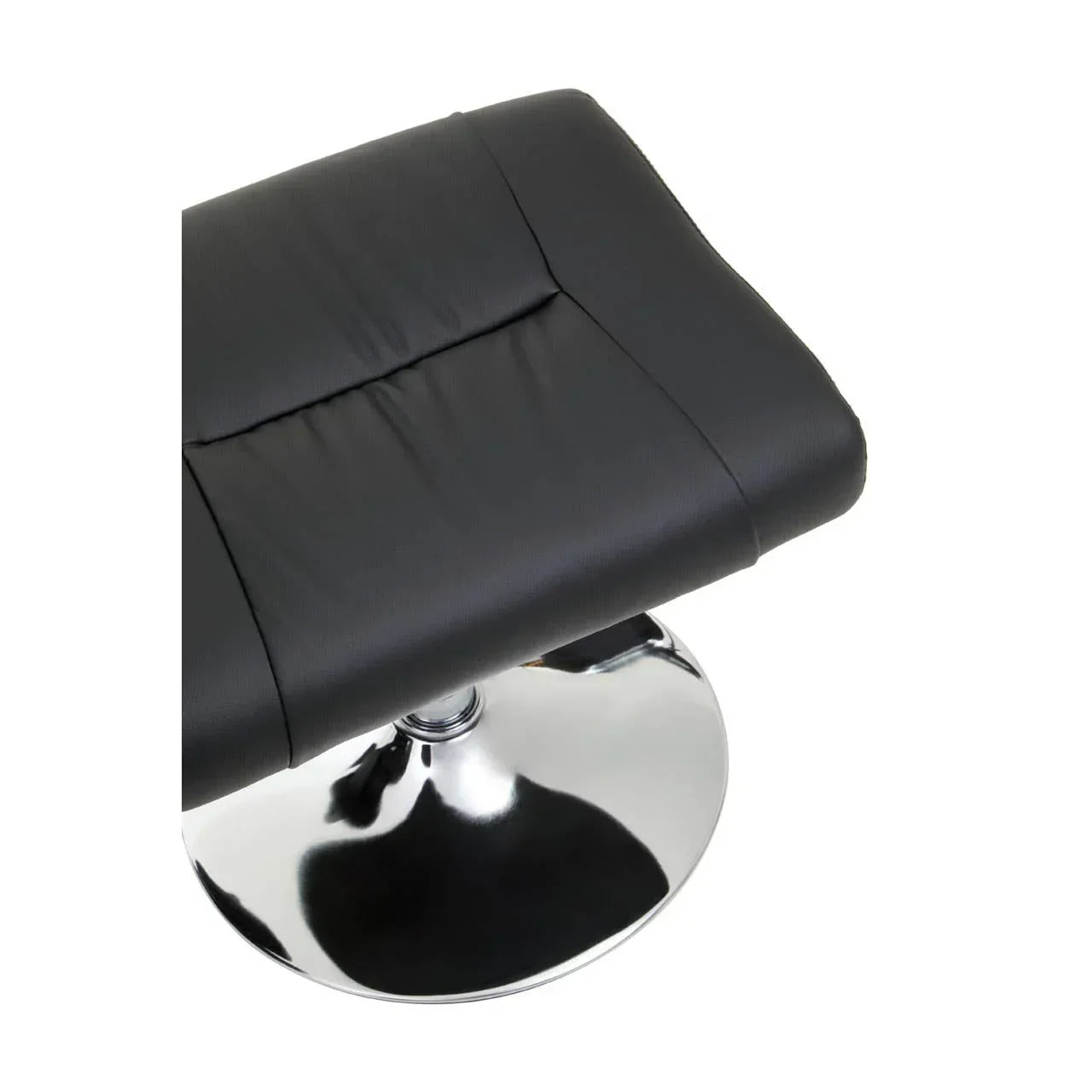 Black faux leather footstool with chrome swivel base, close-up view of seat and support