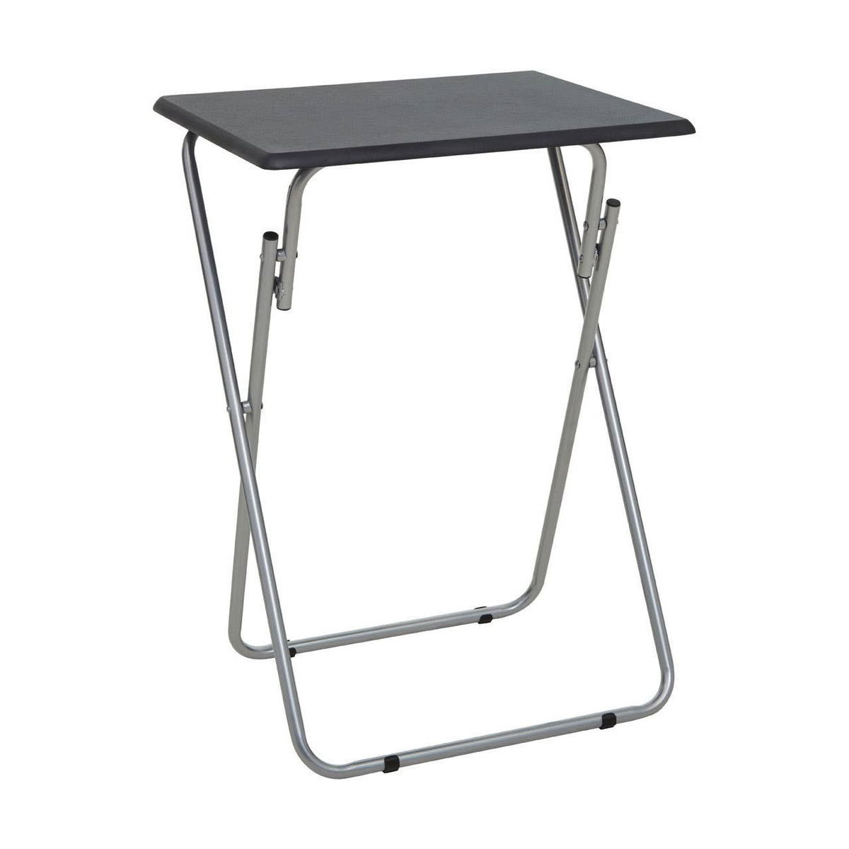 Folding table with a sand black top and a silver metal frame, featuring a simple design and lightweight construction for easy portability