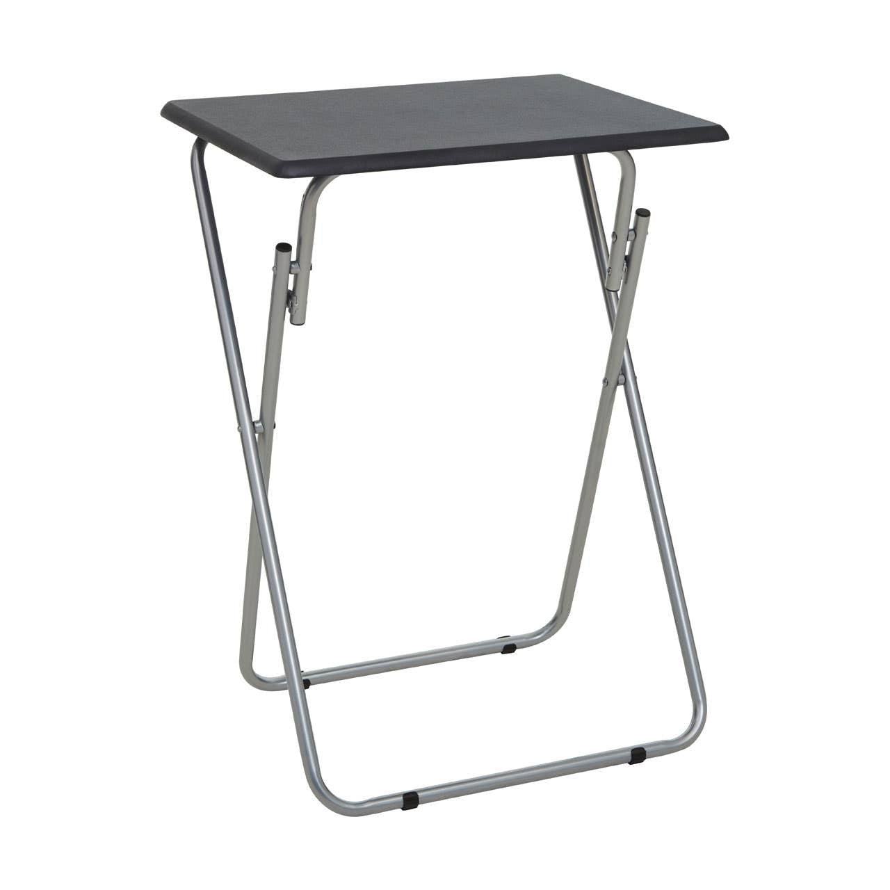 Folding table with a sand black top and a silver metal frame, featuring a simple design and lightweight construction for easy portability