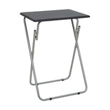 Folding table with a sand black top and a silver metal frame, featuring a simple design and lightweight construction for easy portability