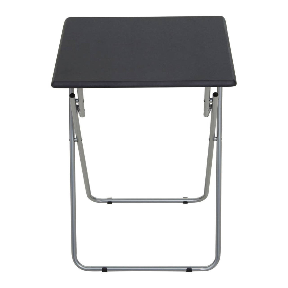 Folding table with a sand black top and a sturdy metal frame, featuring a simple design and collapsible legs for easy storage