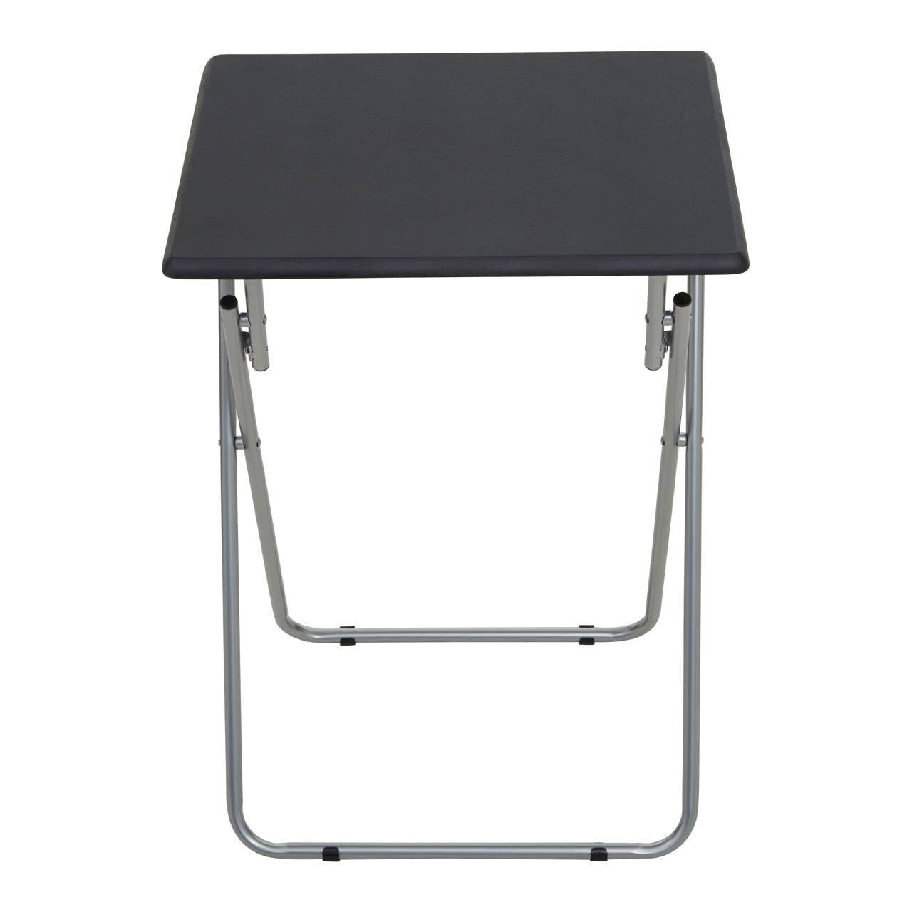 Folding table with a sand black top and a sturdy metal frame, featuring a simple design and collapsible legs for easy storage