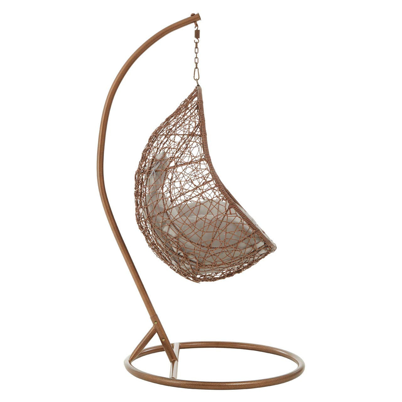 Brown rattan hanging chair with a curved, woven seat suspended from a sleek, minimalist metal frame. The chair features a unique, organic shape and is supported by a sturdy base, creating a stylish and modern accent for home decor