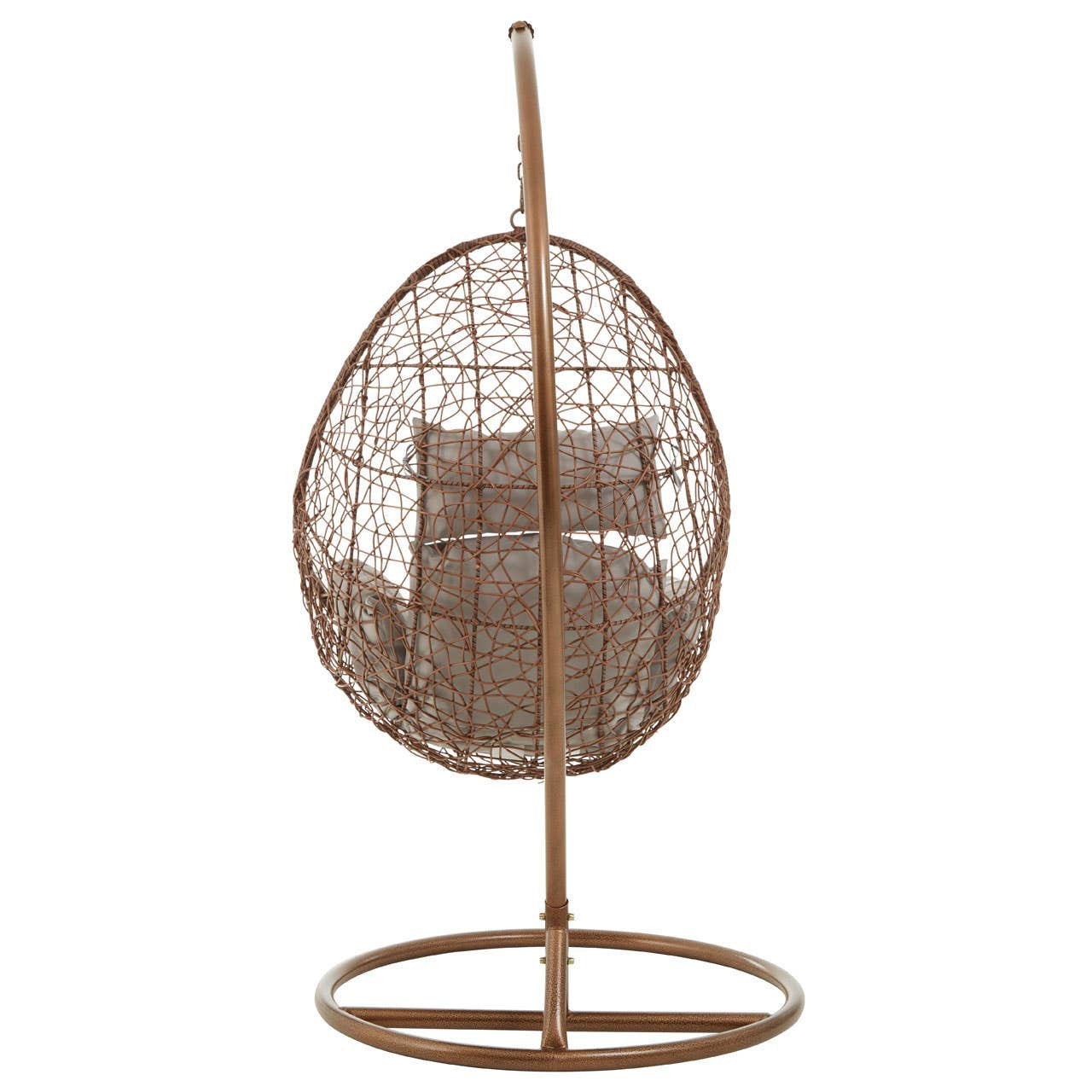 A brown rattan hanging chair with an oval shape, featuring a woven design and a cushioned seat, suspended from a sleek metal stand with a circular base. The chair's natural tones and textures create a cozy and inviting appearance