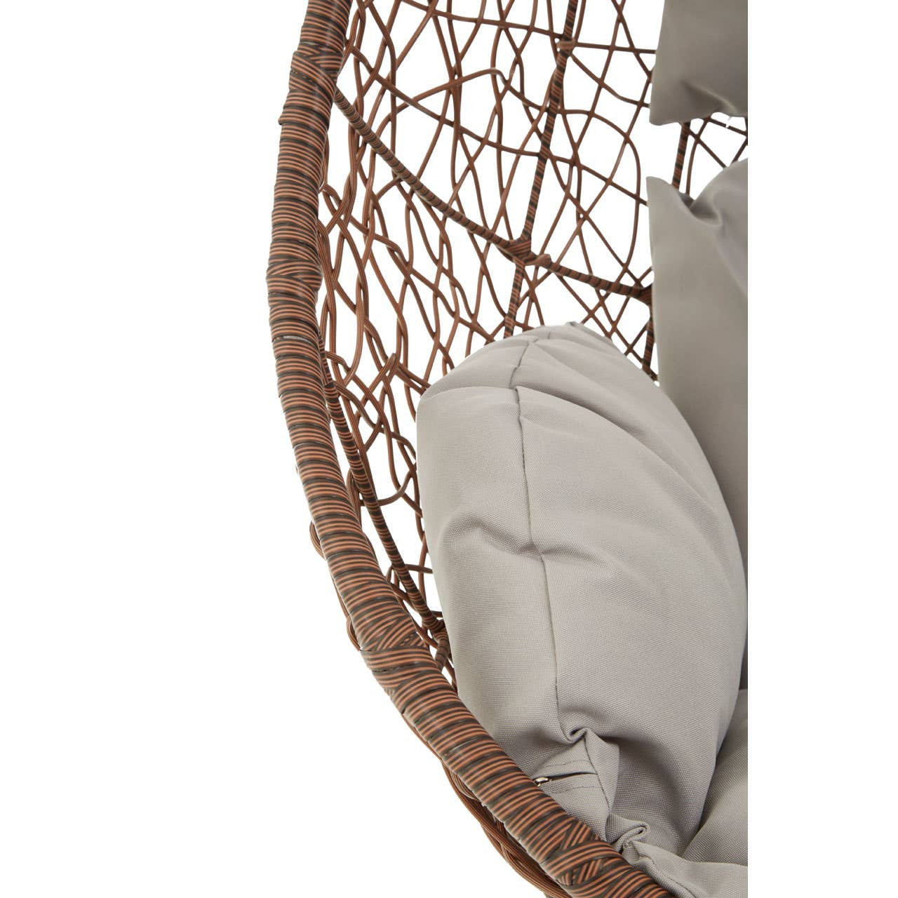A close-up view of the Goa Brown Rattan Hanging Chair, showcasing its woven rattan structure and soft, light gray cushions nestled inside the chair's curved design. The natural brown tones of the rattan contrast with the neutral fabric, creating a cozy and inviting appearance
