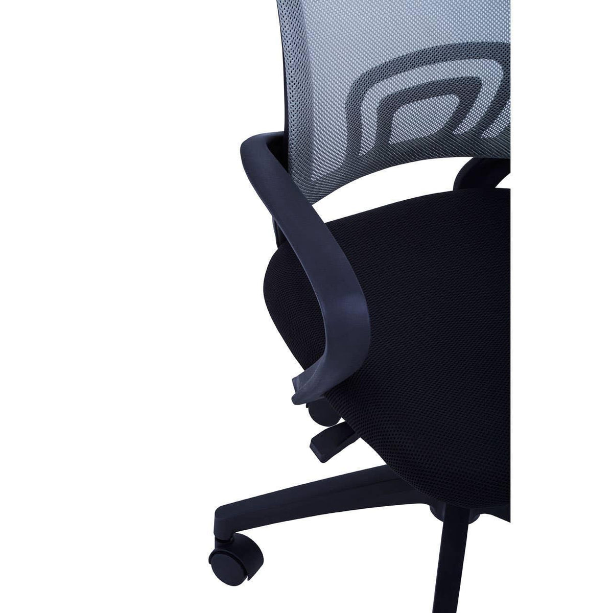 Black mesh office chair with armrests, ergonomic backrest and wheel base