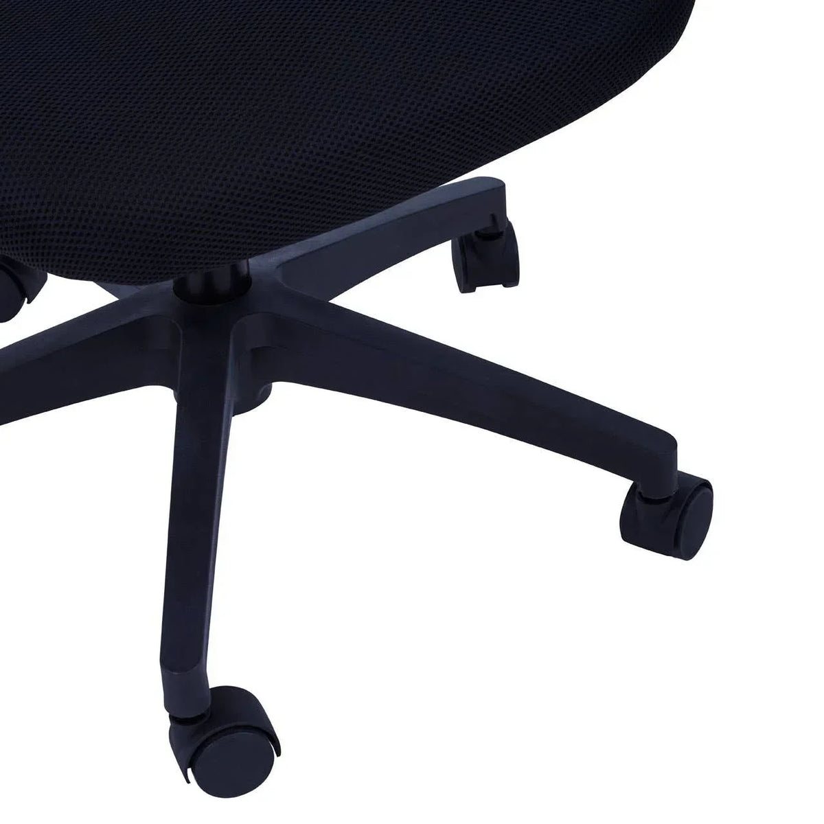 Black mesh office chair seat with five-star wheeled base on white background