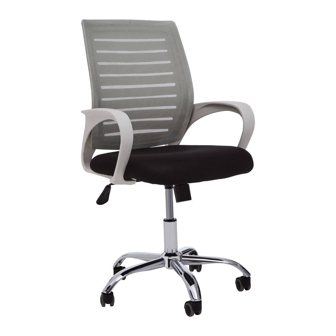Mesh back office chair with black seat, white arms, chrome base and castor wheels