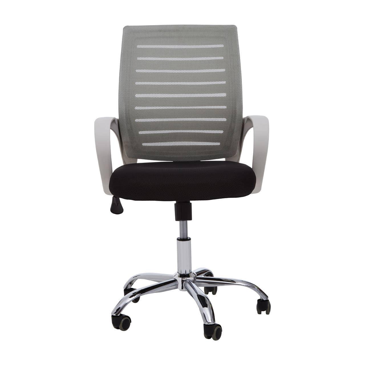 Mesh back office chair with black seat, white armrests, and chrome wheeled base, front view