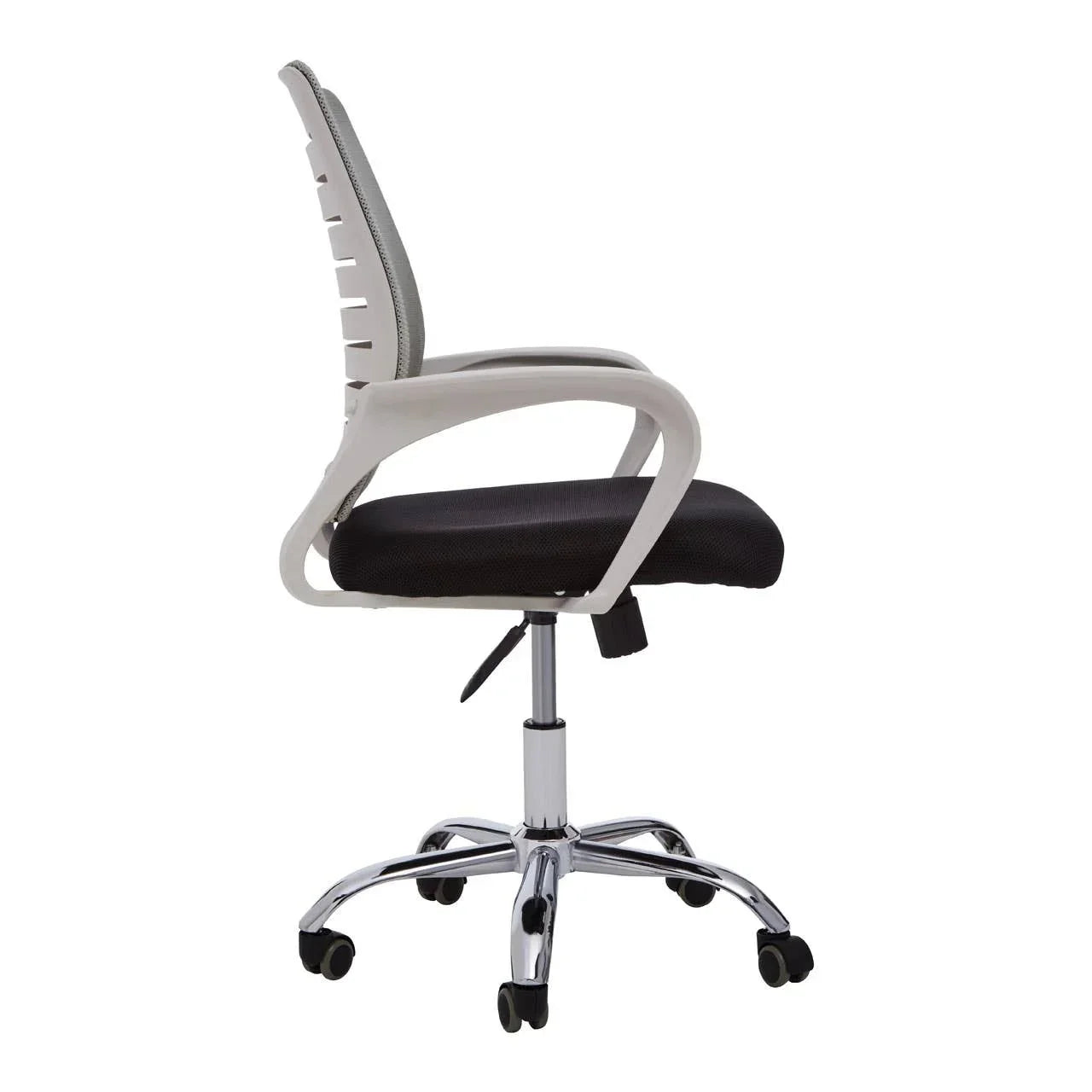 Side view of office chair with black mesh seat, white frame, adjustable height and wheels