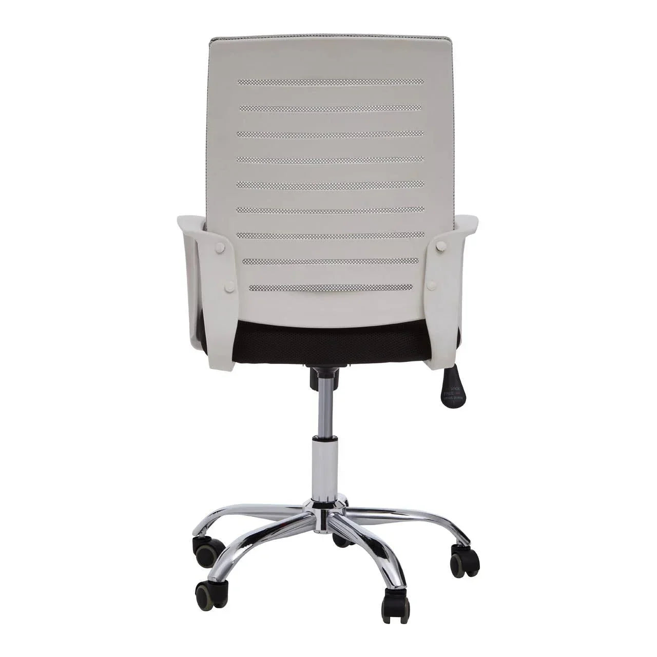 White office chair with vented backrest, black seat and chrome base, rear view