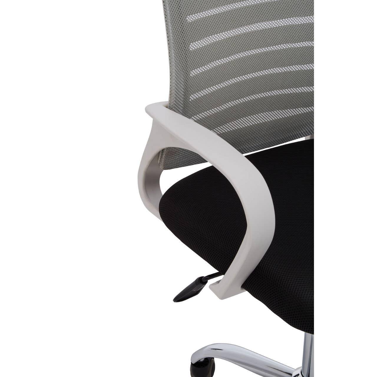 Mesh back office chair with white armrest, black cushioned seat and chrome base