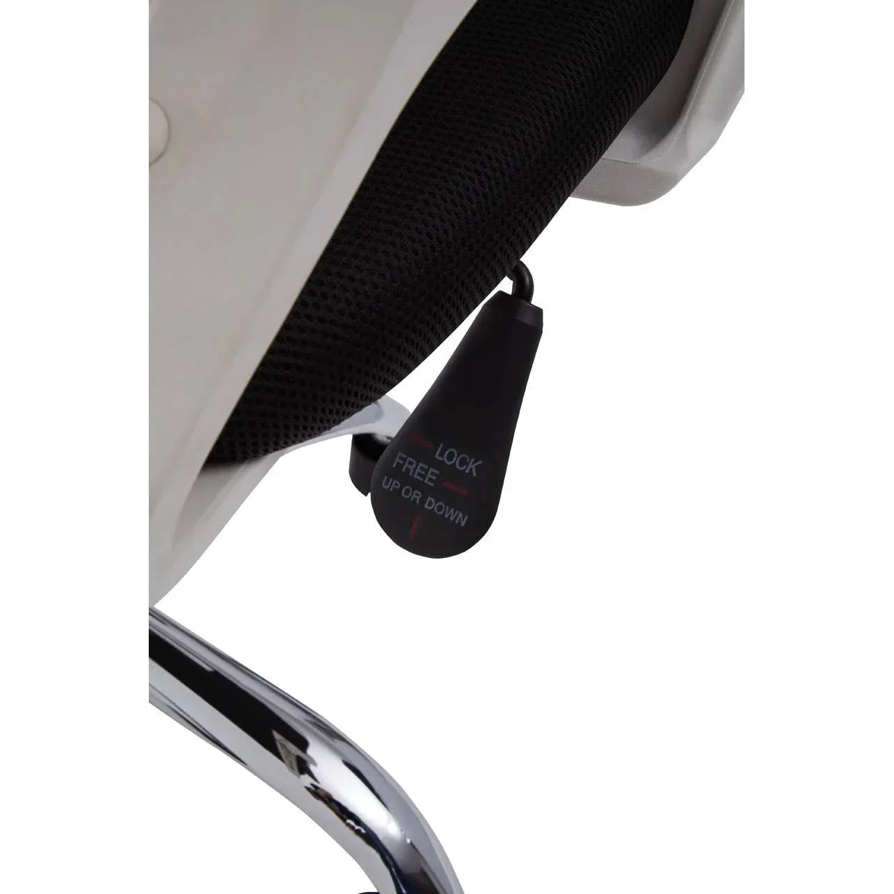 Office chair adjustment lever under black mesh seat and chrome leg detail