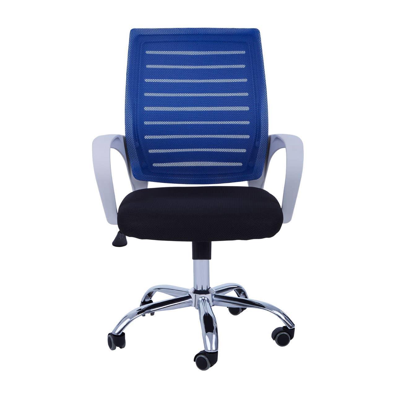 Blue mesh office chair with black cushioned seat, white arms, and chrome base on castors