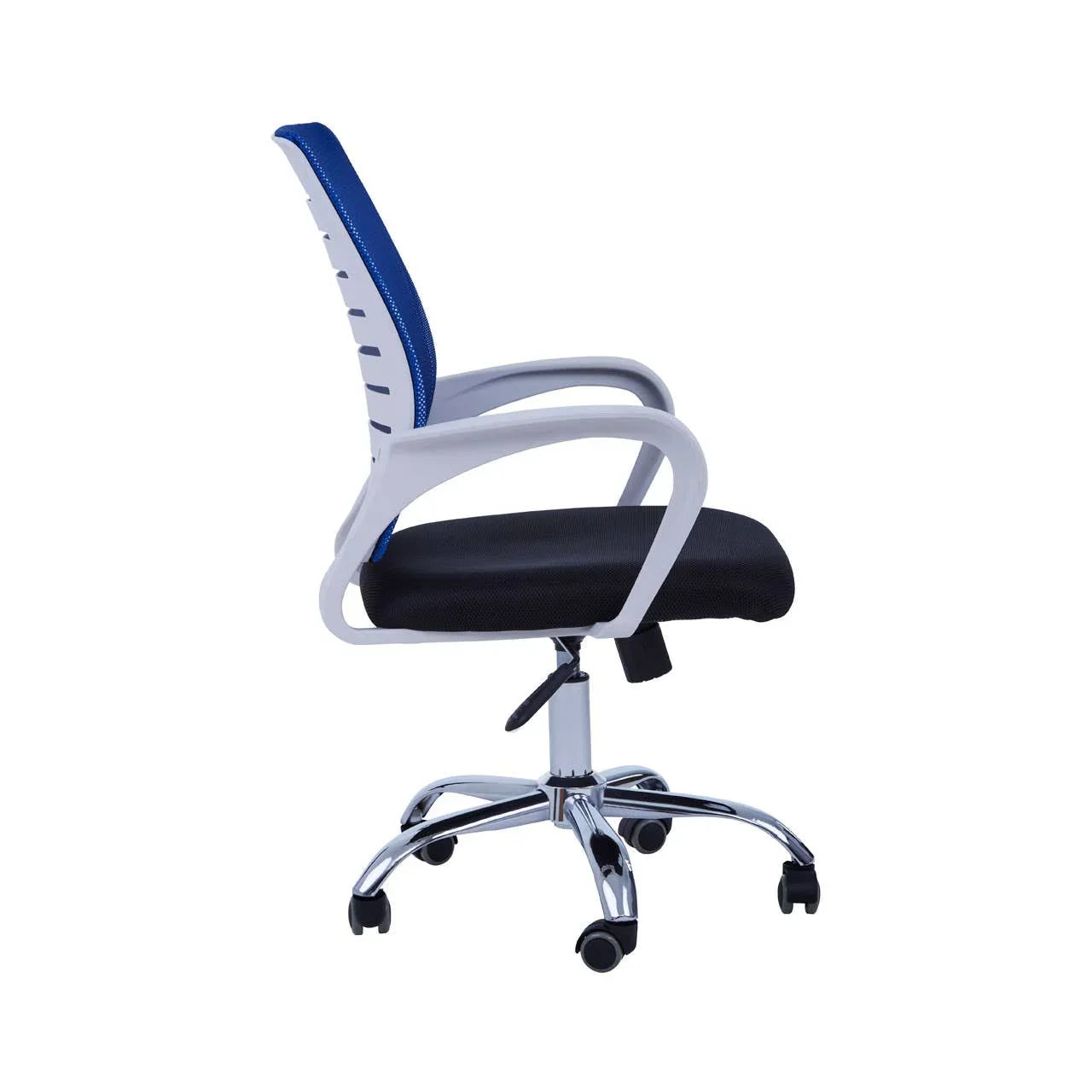 Blue mesh back office chair with black seat, white arms, and chrome base, side view