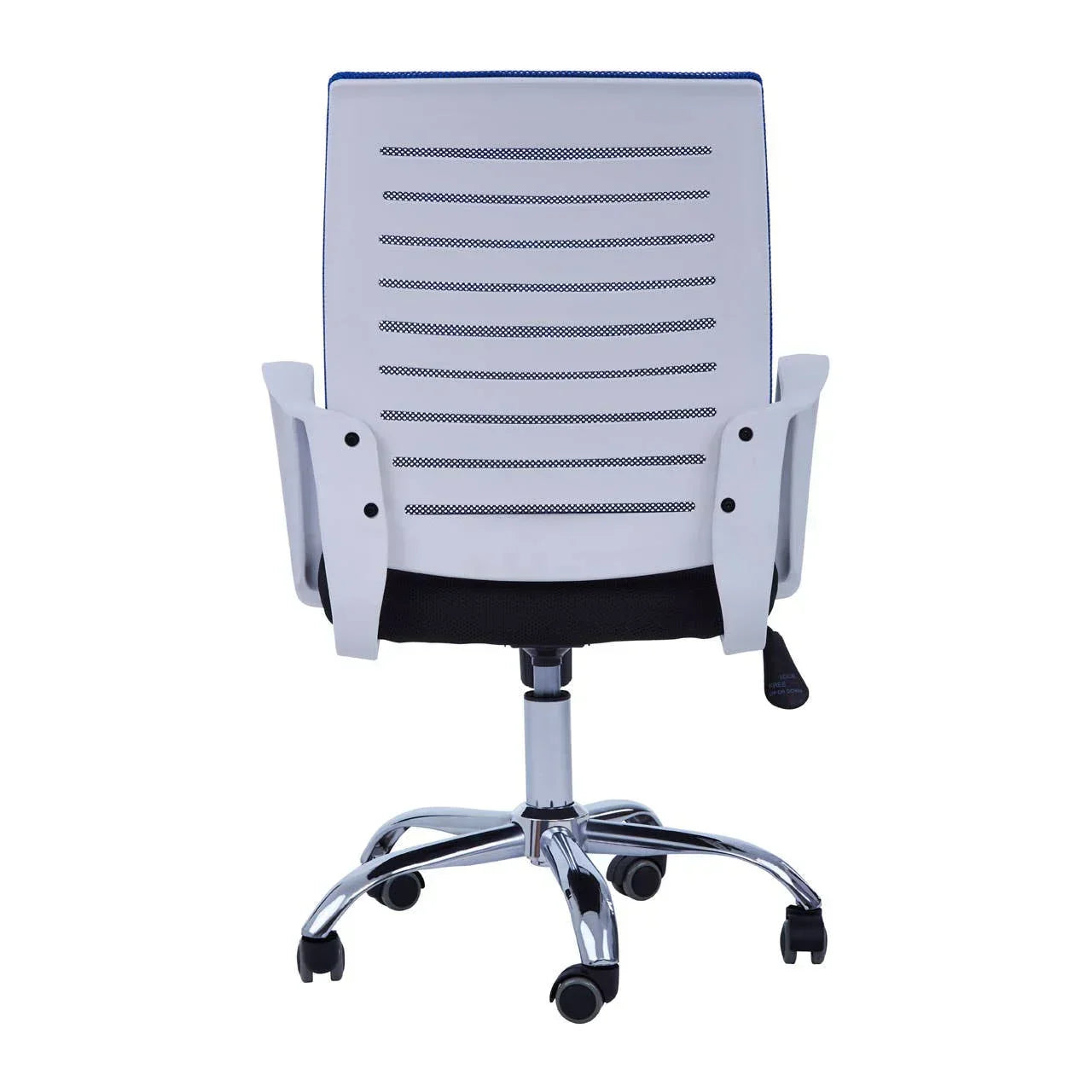 White mesh office chair with curved armrests and chrome base, rear view