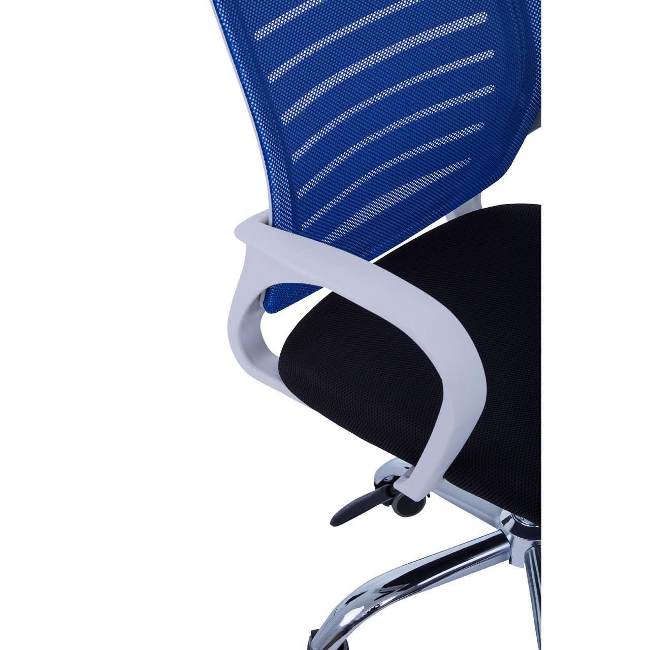 Blue mesh office chair backrest with white armrest and black seat, chrome base detail