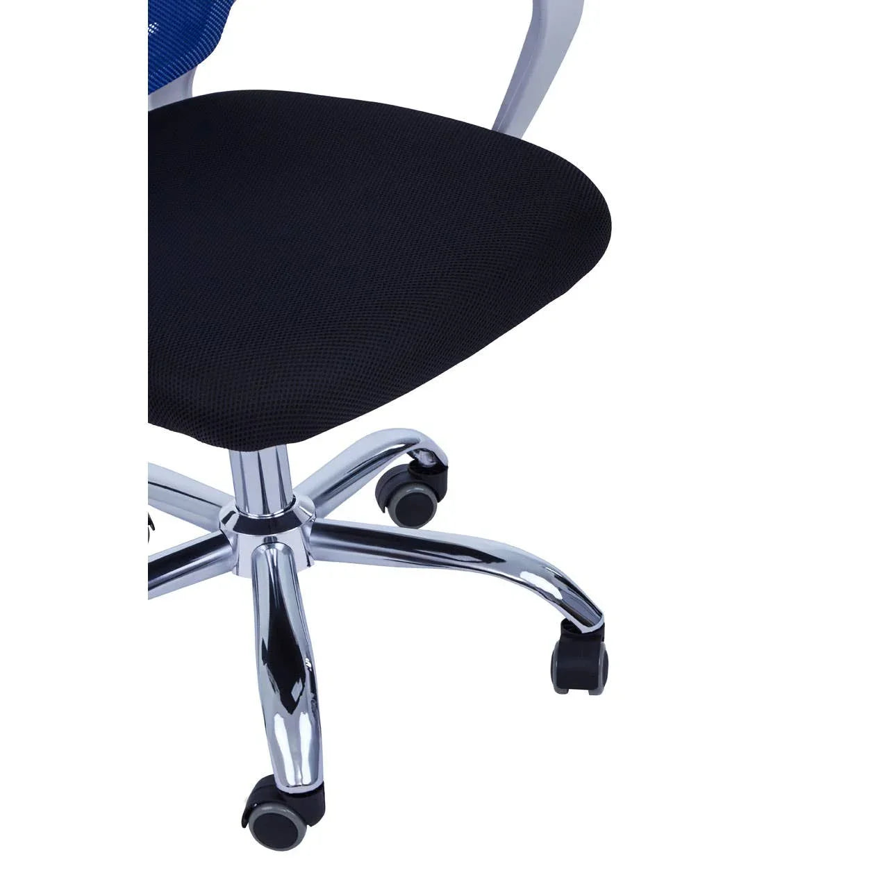 Black mesh office chair seat with chrome base and caster wheels, partial side view