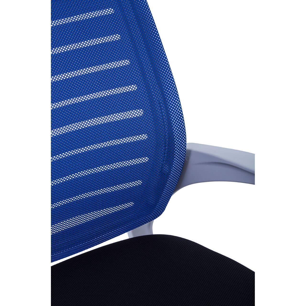 Blue mesh office chair with white armrest and black seat, close-up of backrest detail