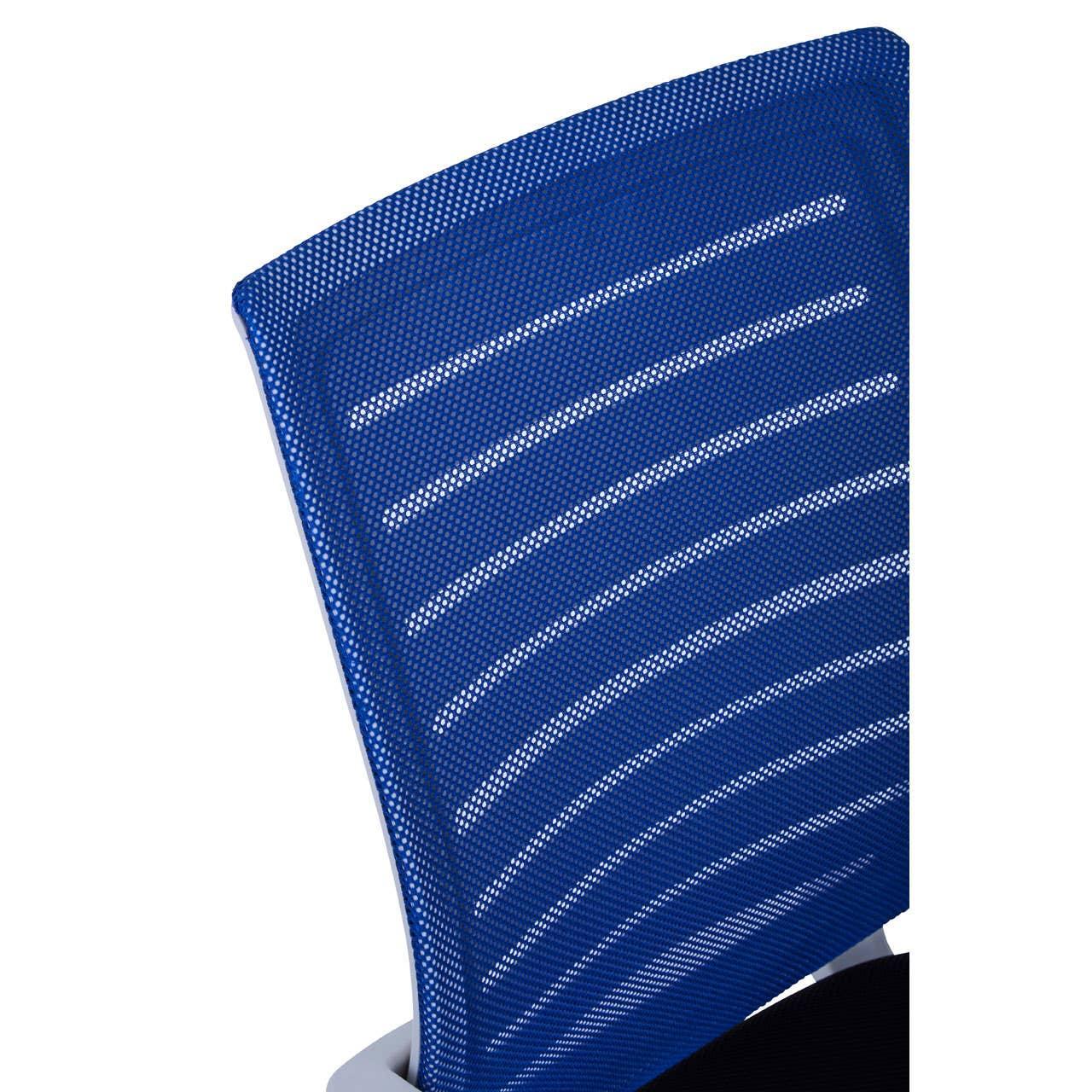 Blue mesh office chair backrest with curved ergonomic design