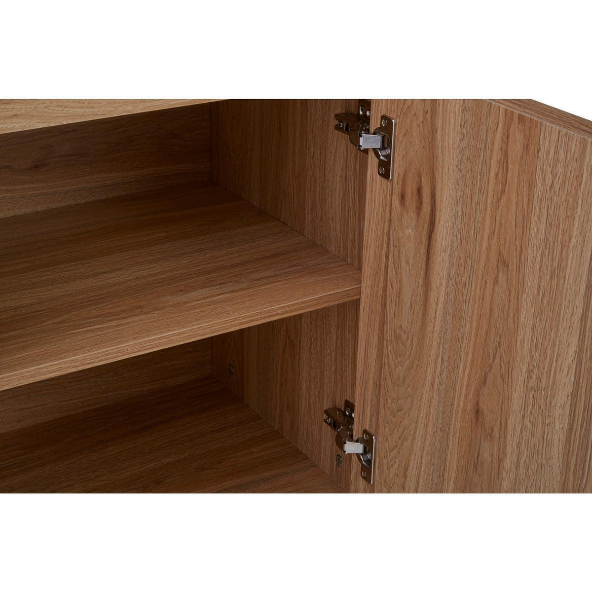 Oak effect cabinet shelving with adjustable shelf and metal door hinges