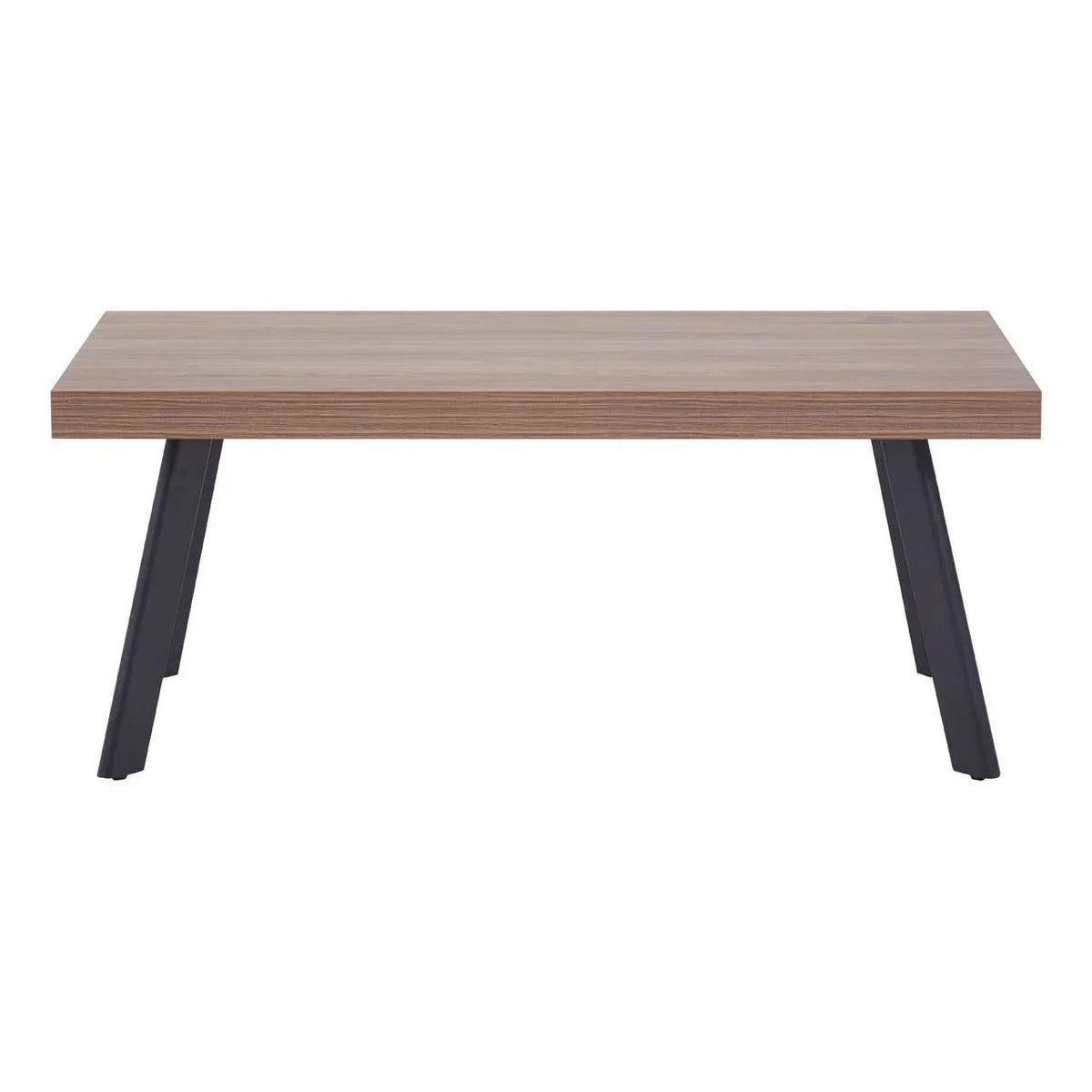 Rectangular wooden coffee table with black angled metal legs, front view