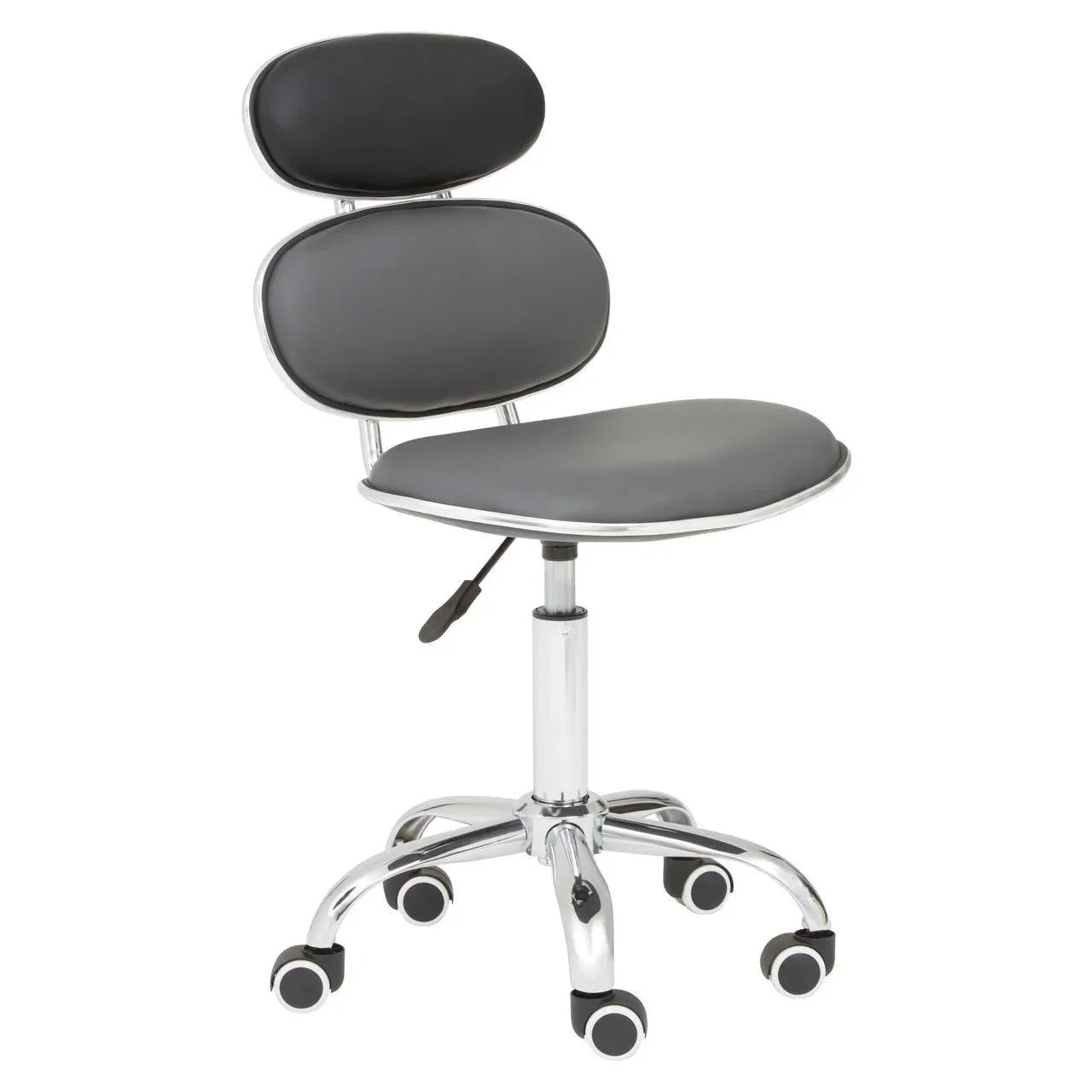 Grey office chair with chrome base, black padded seat and dual backrest, side angle view