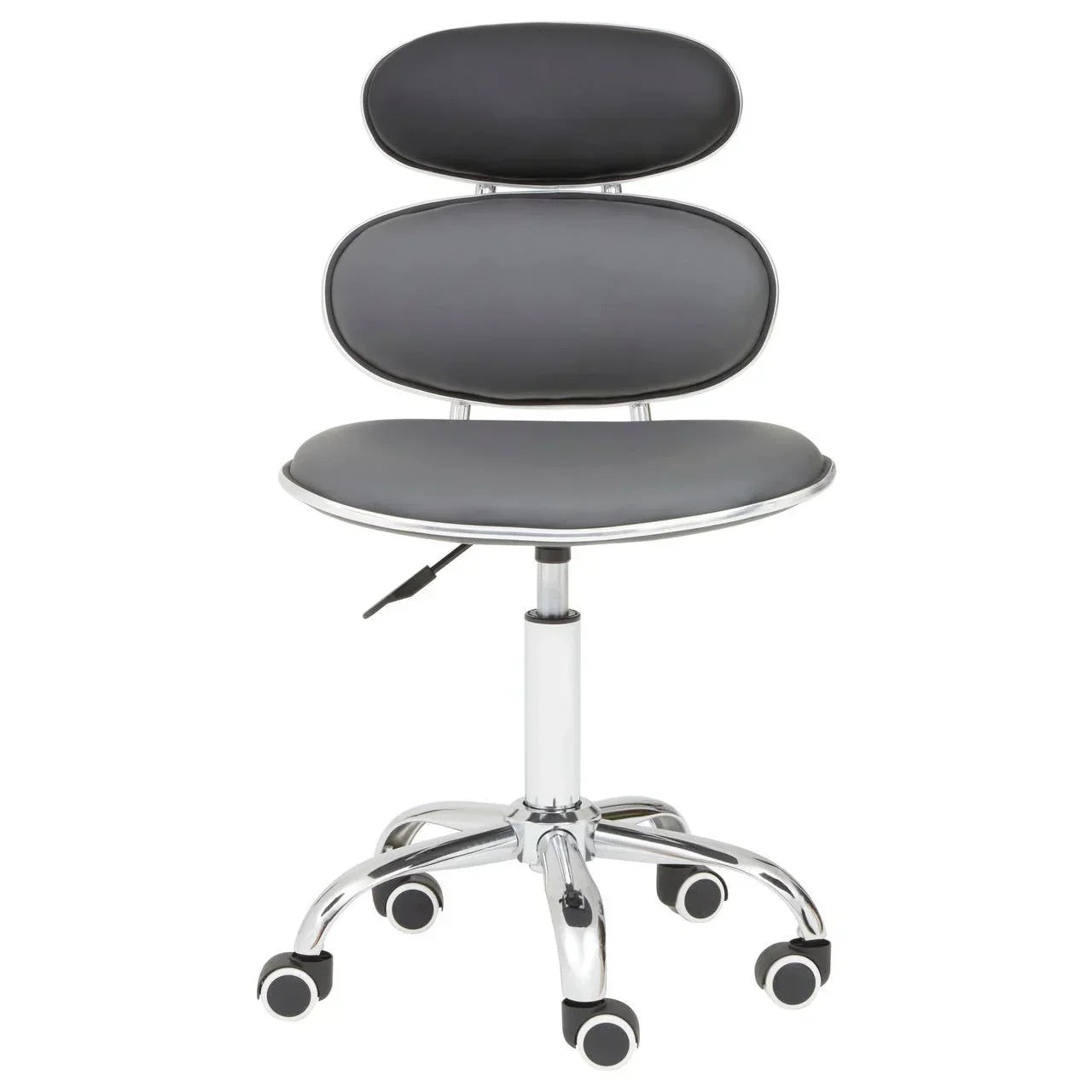Black ergonomic office chair with chrome frame and caster wheels, front view