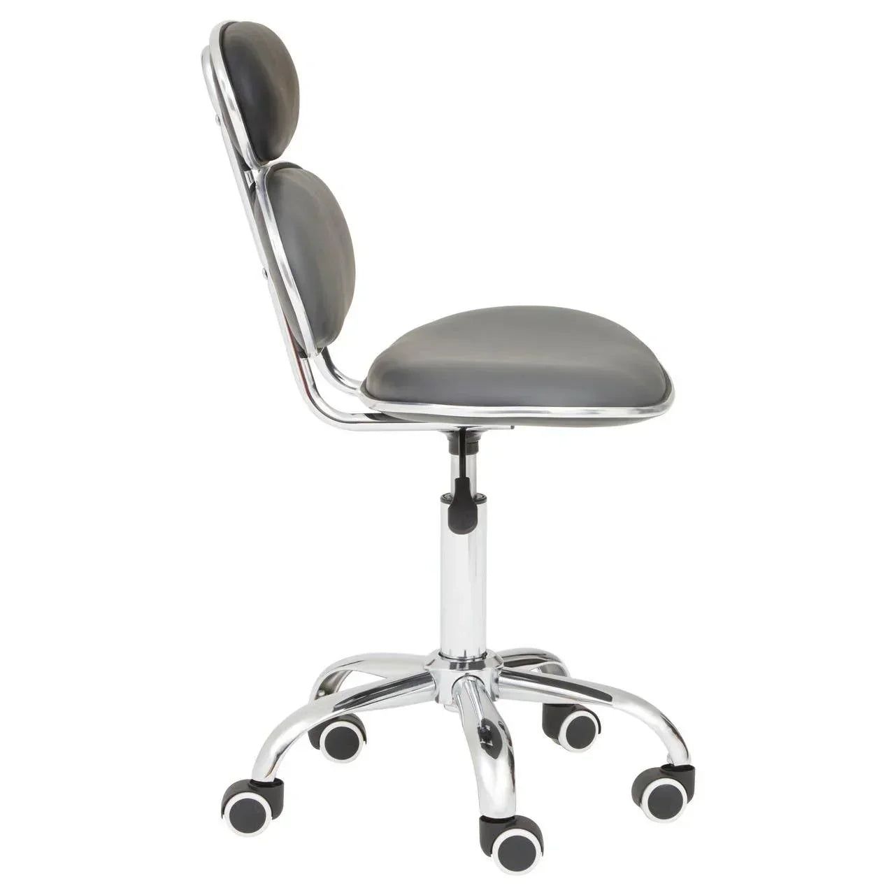 Grey office chair with padded backrest, chrome frame and wheels, side view