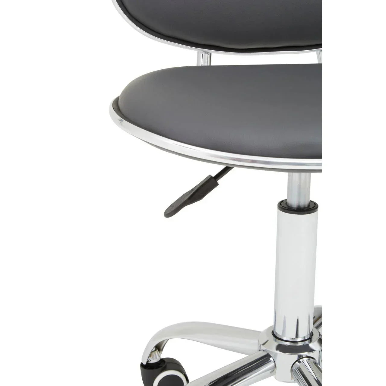 Grey office chair seat with chrome frame, adjustable lever, and caster wheels close-up