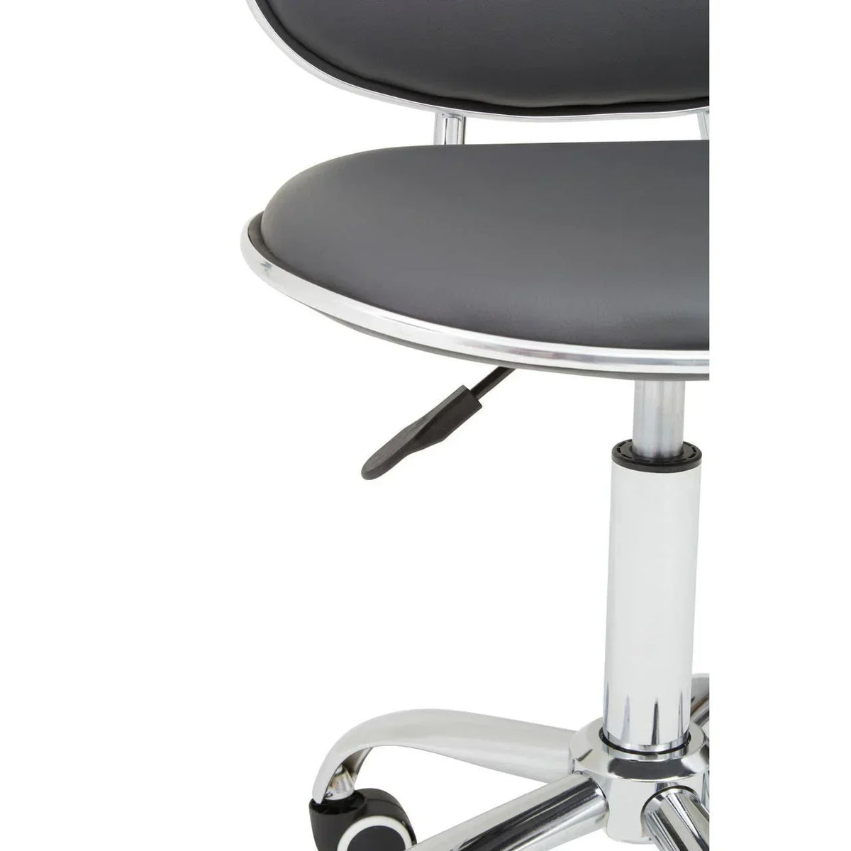 Grey office chair seat with chrome frame, adjustable lever, and caster wheels close-up