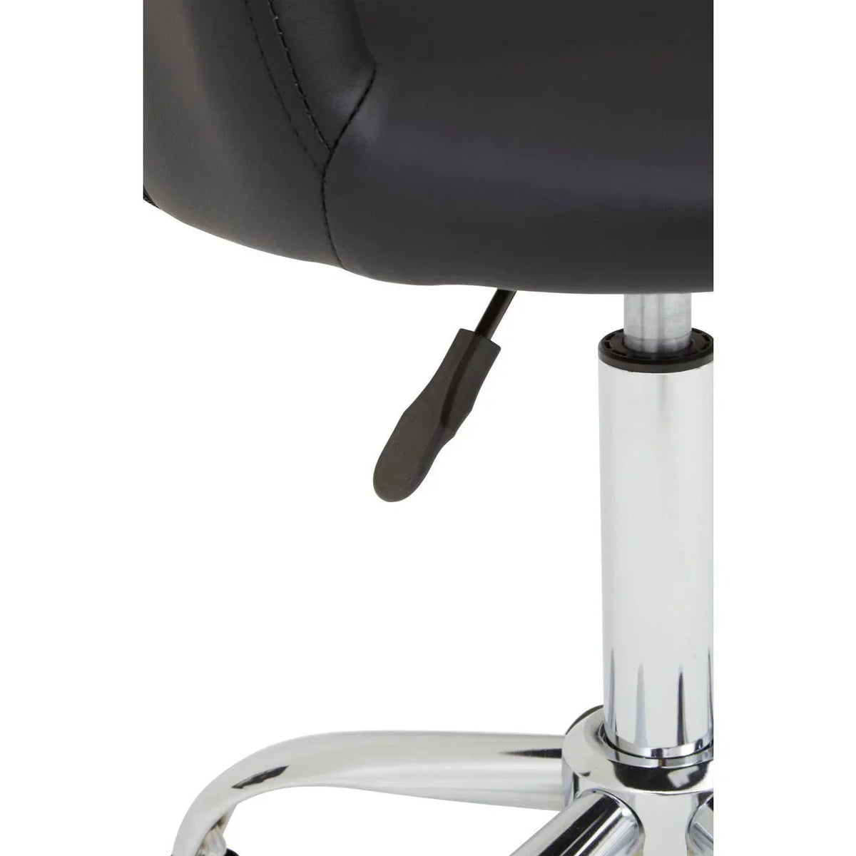 Adjustable black office chair seat with chrome base and hydraulic lever detail