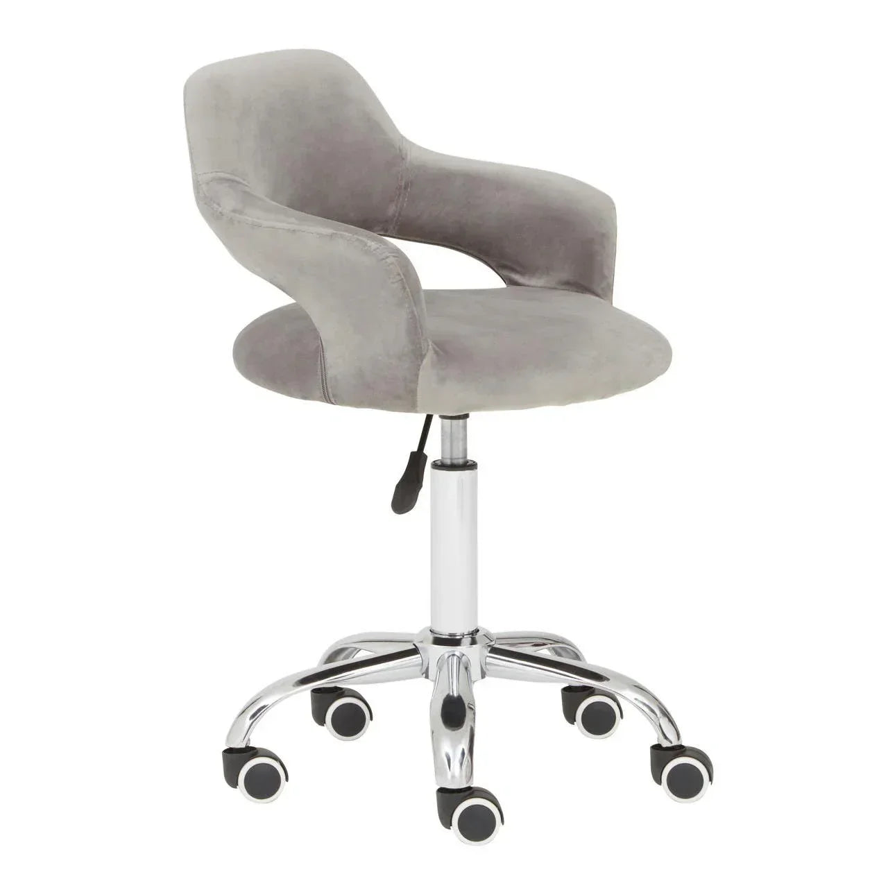 Grey velvet office chair with chrome base and casters, adjustable height, front angle view
