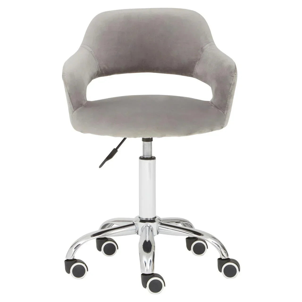 Grey swivel office chair with chrome base and casters, open back design, front view