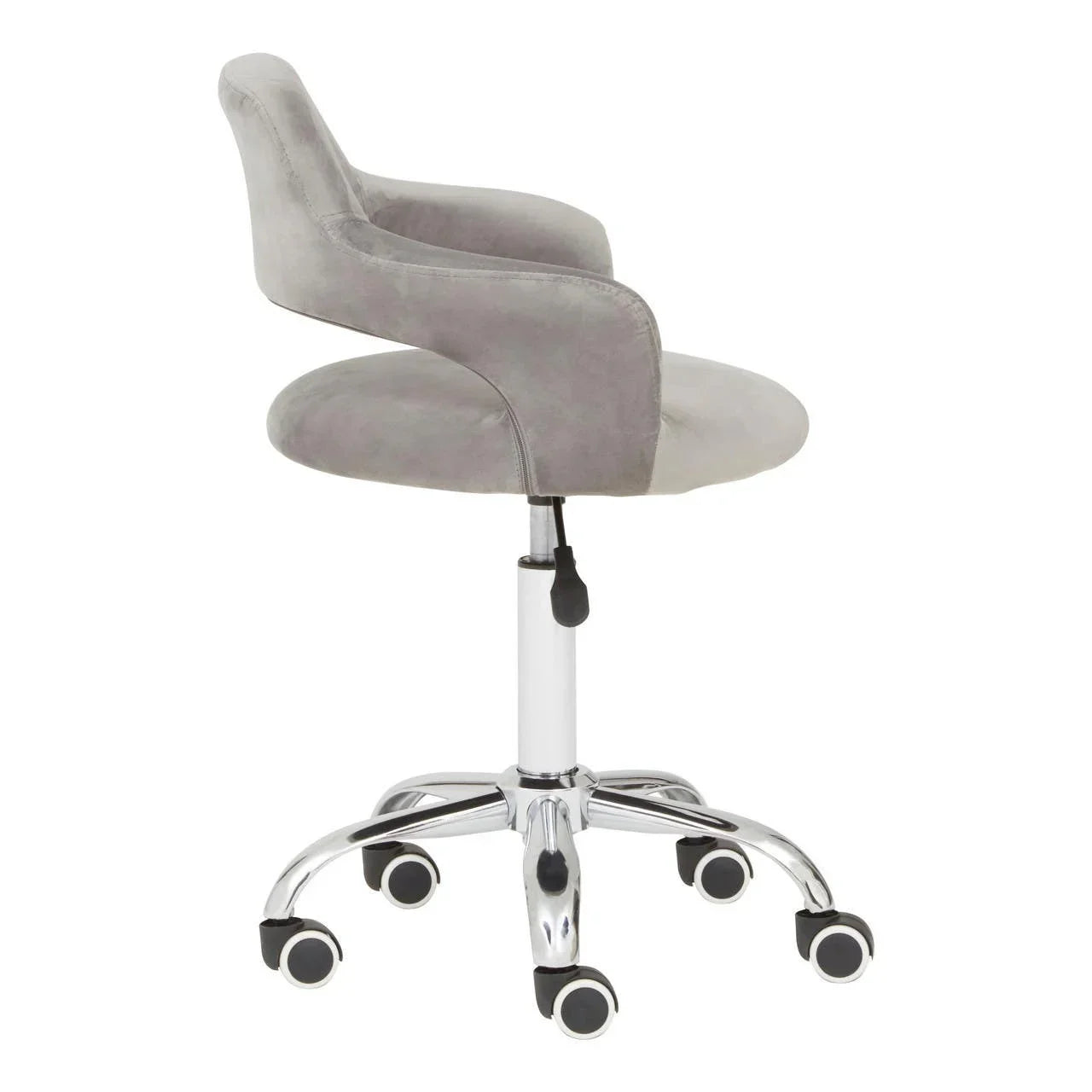 Grey velvet office chair with chrome base and casters, side view