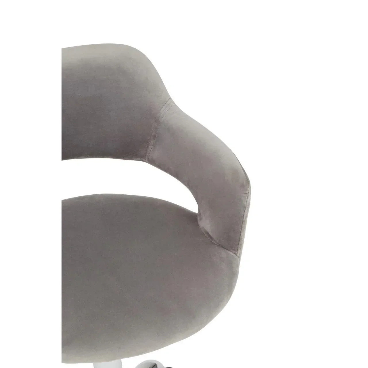 Grey velvet office chair backrest and armrest close-up