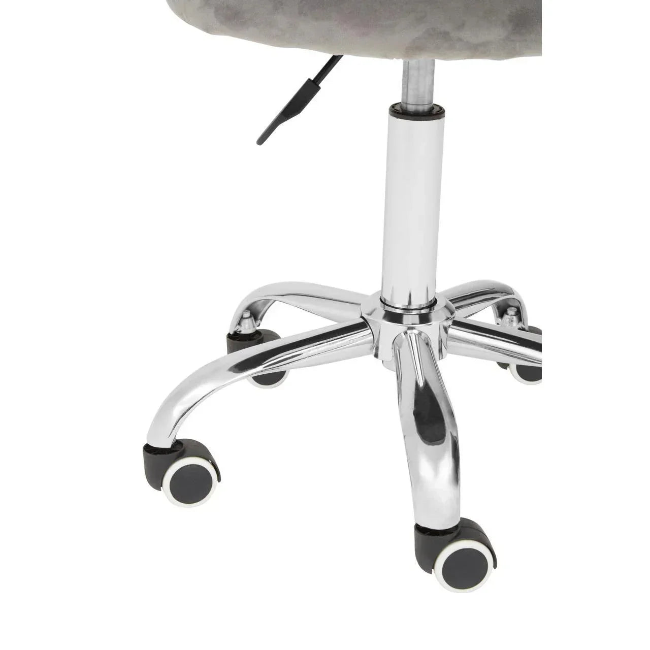 Chrome office chair base with black and white caster wheels and gas lift height adjustment