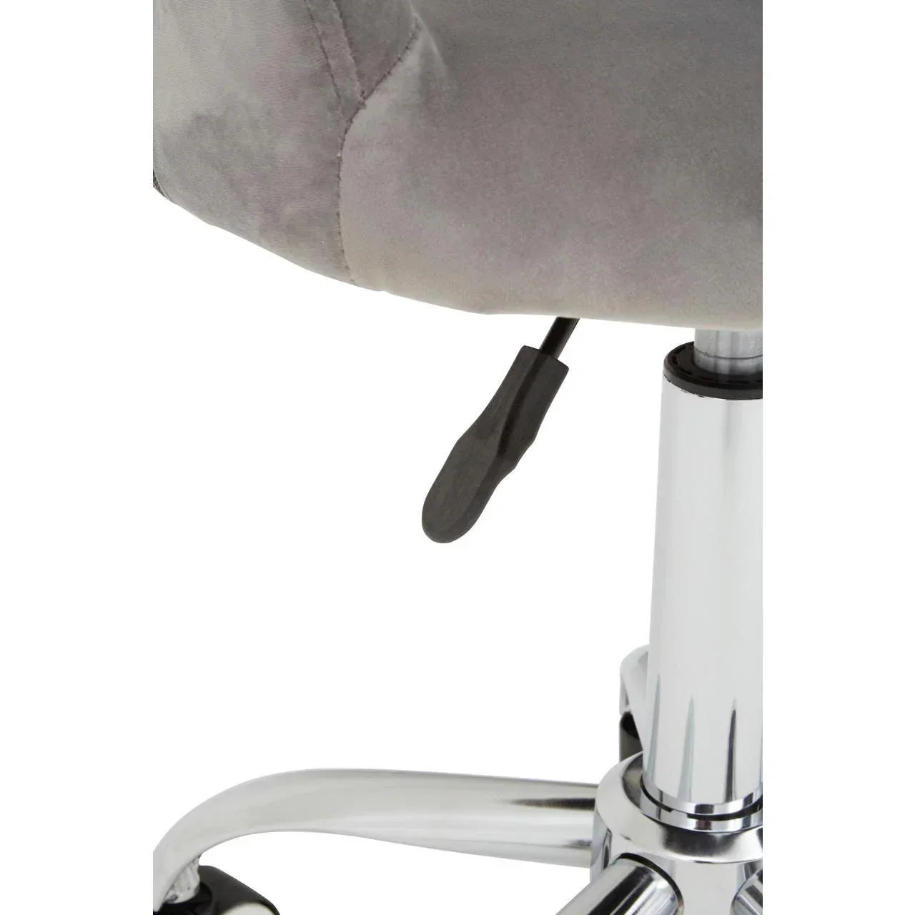Grey fabric office chair seat with chrome base and adjustable height lever