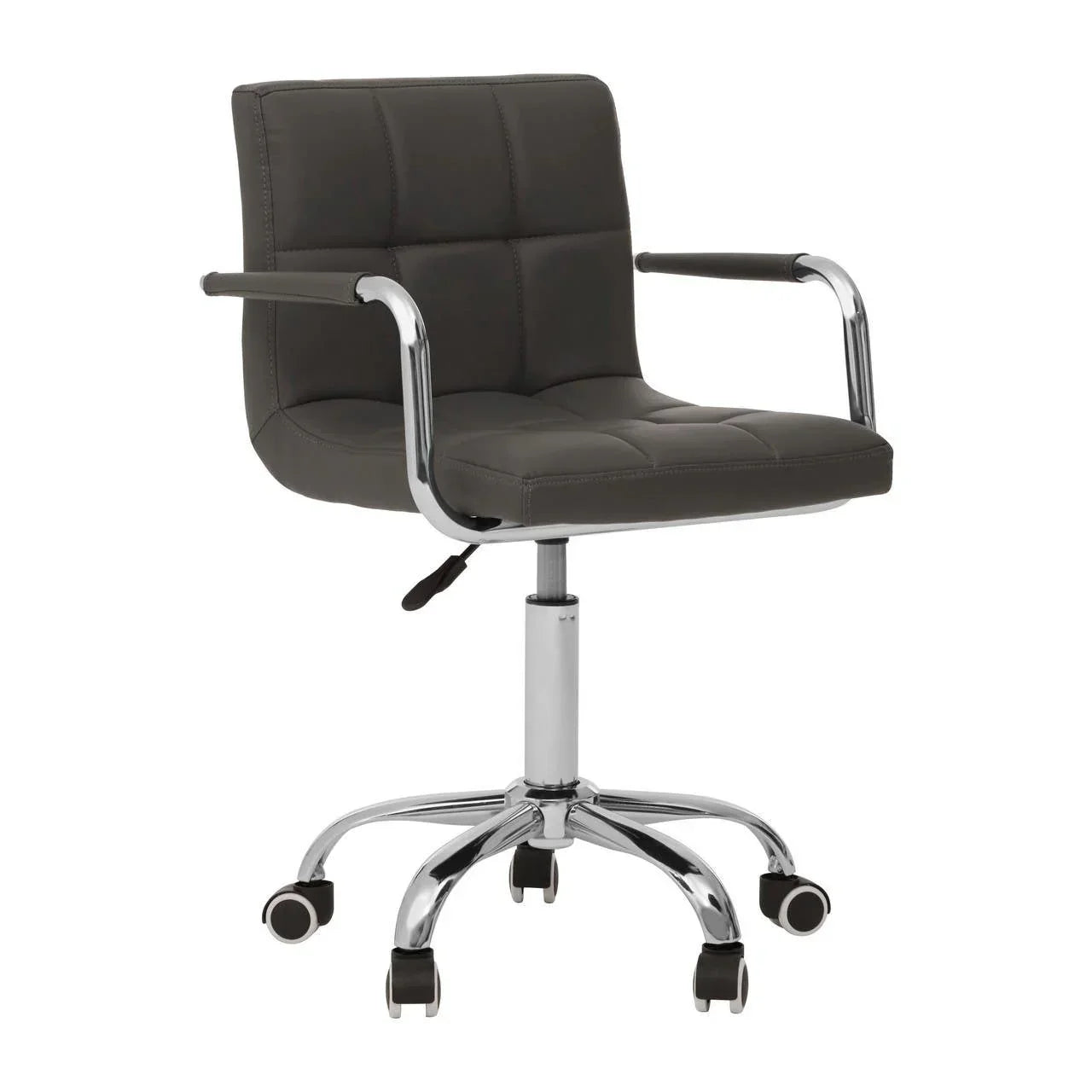Grey office chair with padded seat, chrome arms and base, adjustable swivel and wheels