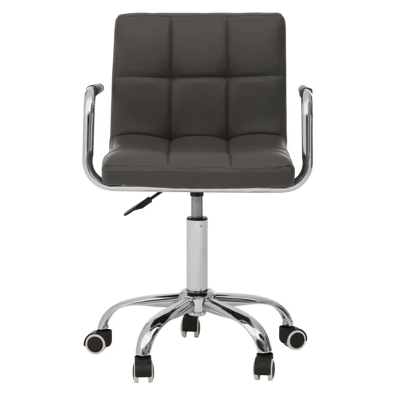 Grey leather office chair with chrome arms and wheeled base, front view